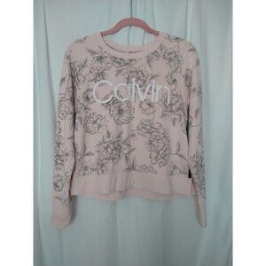 Calvin Klein Size M Cropped Sweatshirt Light Pink Black Floral Spell Out Logo